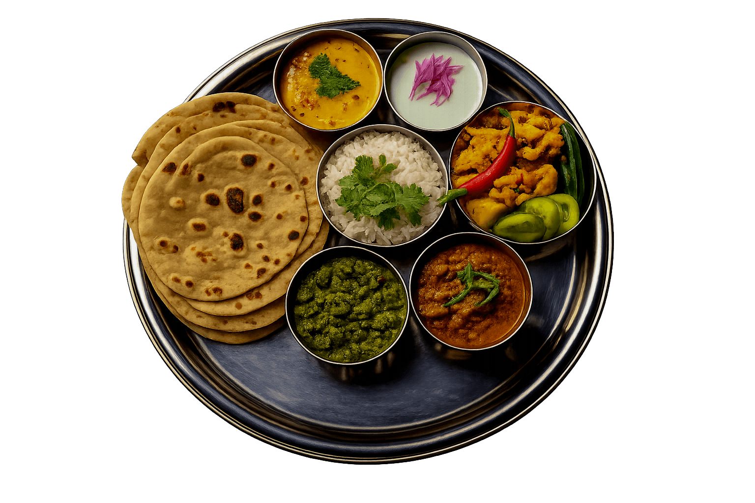 Authentic Punjabi thali — roti, dal, sabzi, raita, saag, rice and salad